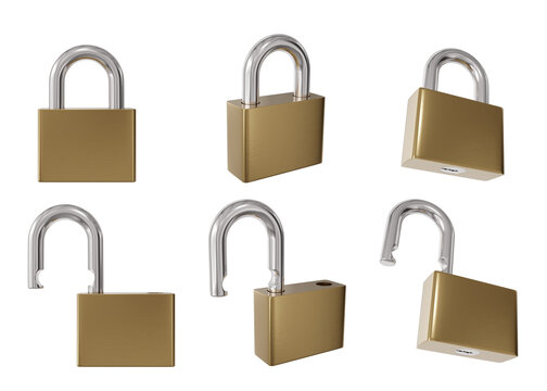 Set of brass padlocks showing locked and unlocked states on transparent background