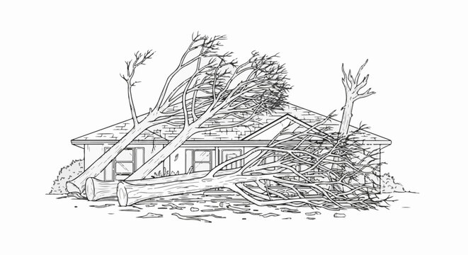 Storm damage with trees fallen onto a house roof and yard