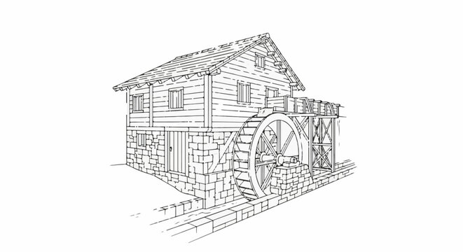 Sketch of an old wooden watermill with a large wheel, stone base, and wooden shingled roof