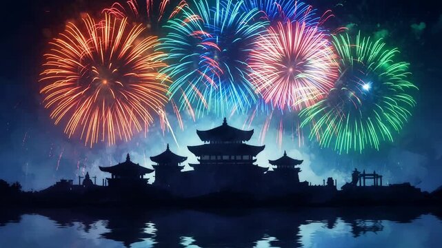 Colorful fireworks illuminate night sky above ancient temple silhouette. Celebratory display reflecting on lake water during Dussehra. Festive cultural event.