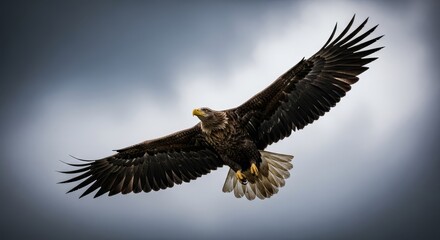 Obraz premium Majestic eagle with wings spread soaring through a dramatic cloudy sky