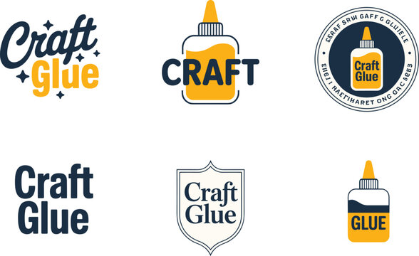 This image displays multiple variations of craft glue branding including logos badges and standalone bottle illustrations high quality professional detailed modern elegant stylish