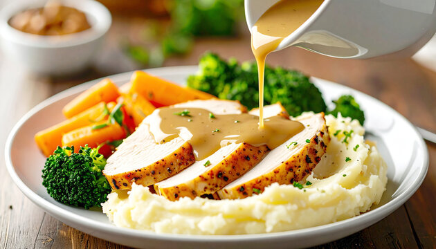Gravy being poured over slices of roasted turkey, served with mashed potatoes and vegetable. AI