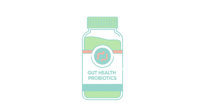 Illustration of a gut health probiotics bottle with a green cap and label.
