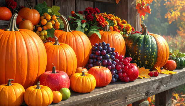 Autumn Harvest Fruits and Pumpkins