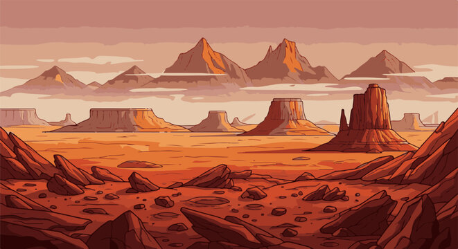 Pixelated desert landscape with mesas, buttes, and rocky foreground under a hazy sky