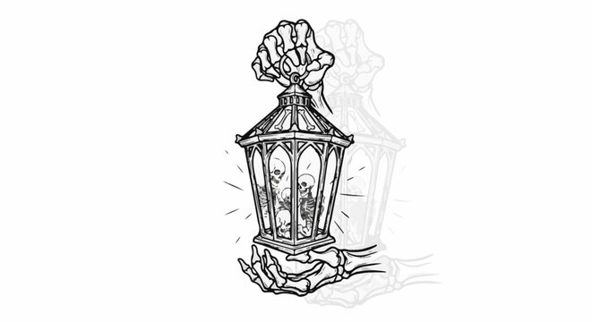 Skeleton hands hold an antique lantern with skulls inside