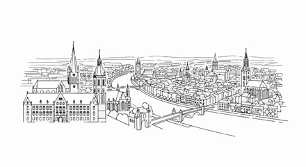 Fototapeta premium Stylized ink sketch of a historic European city skyline along a river