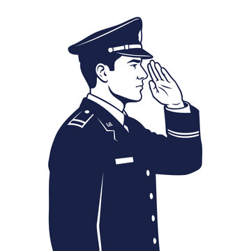 A navy blue and white illustration of a man in a military uniform saluting