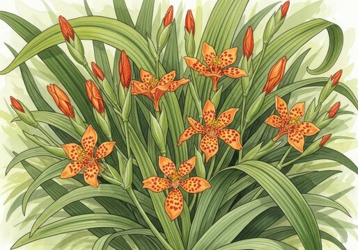 Vivid Orange Flowers and Green Leaves with Detailed Petals in a Nature Illustration