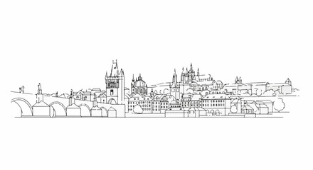 Fototapeta premium Stylized line art cityscape with a bridge, towers, domes, and buildings