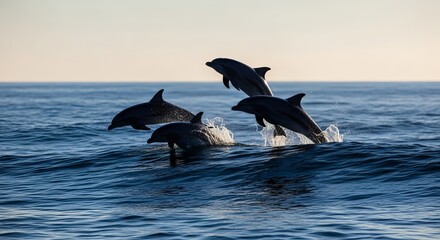 Four playful dolphins leaping from the ocean waves during a breathtaking sunset. © Teo