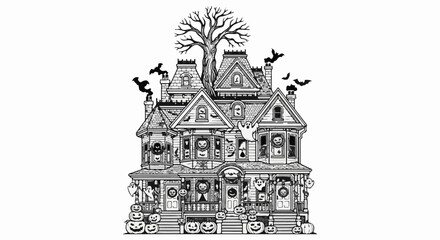 Obraz premium Ornate haunted mansion adorned with pumpkins, ghosts, bats, and a barren tree