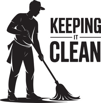 Person with mop silhouette cleaning floor, keeping it clean logo with black and white icon set