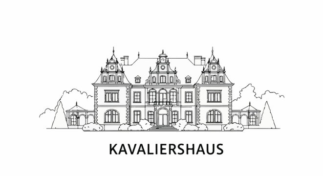 Detailed black and white architectural sketch of a grand, multi-tiered manor with ornate rooflines and lush greenery