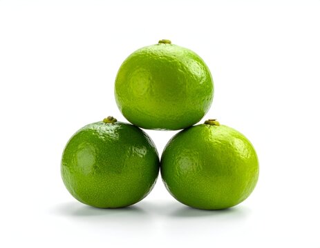 Three Fresh Green Limes Stacked on White Background.