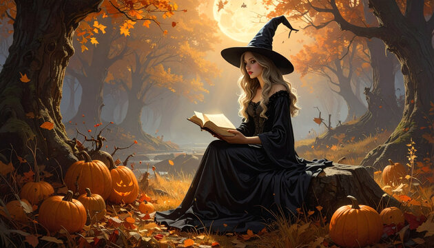 Beautiful witch reading a spell book in an autumn forest with pumpkins.
