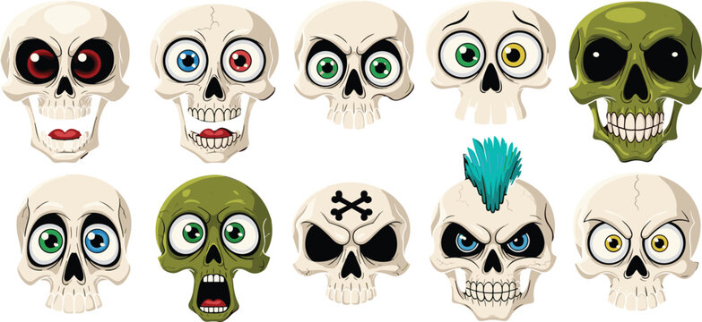 Collection of ten diverse cartoon skull characters with various facial expressions, colorful eyes, mohawk hair, and unique styles for spooky Halloween graphic design assets.