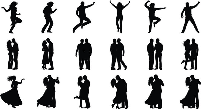 Dancing people and romantic couple silhouettes collection, joyful movement, love embrace poses, elegant black vector illustration isolated background