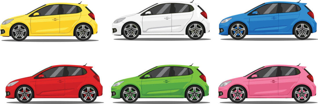 Compact car vector collection, small city vehicles, hatchback and convertible automobiles, colorful side view transport illustrations, modern car icons isolated