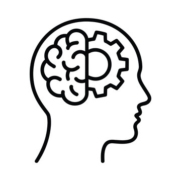 Human head outline containing a brain and gear illustration