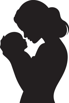Silhouette of a mother tenderly holding her baby with black and white for infant and new life