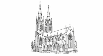 Fototapeta premium Sketch of a grand gothic cathedral with twin spires and ornate facade details