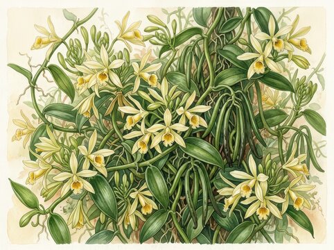 Detailed Illustration of Yellow Orchid Flowers with Green Leaves and Natural Background