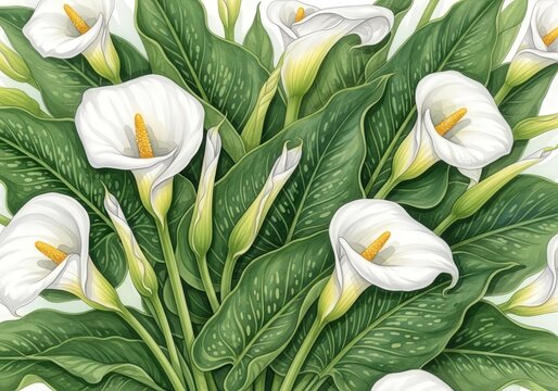 Elegant White Calla Lilies Featuring Green Lush Leaves in Detailed Botanical Illustration
