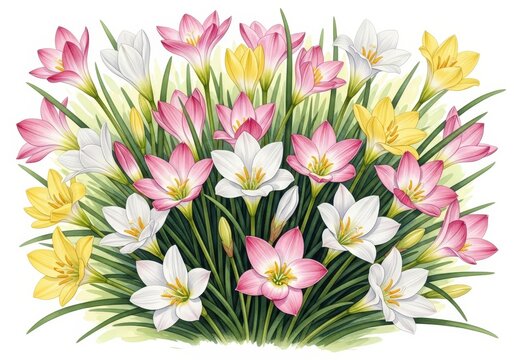 Colorful Blooming Flowers in Vibrant Colors with Green Leaves and Natural Background