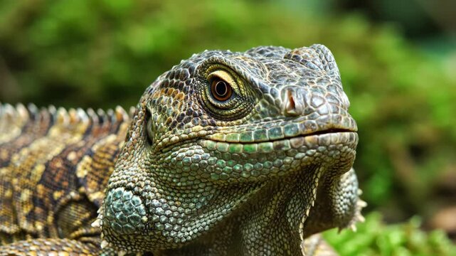 Green and Brown Iguana Lizard Resting in a Lush Tropical Environment Displaying Detailed Scales