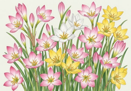 Vibrant Floral Arrangement of Pink, White, and Yellow Flowers with Lush Green Stems and Leaves