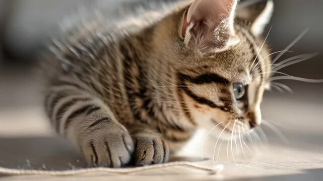 Potret hewan peliharaan domestik yang menampilkan anak kucing tabby abu-abu putih imut-imut dengan mata indah dan cambang panjang sedang melihat ke depan