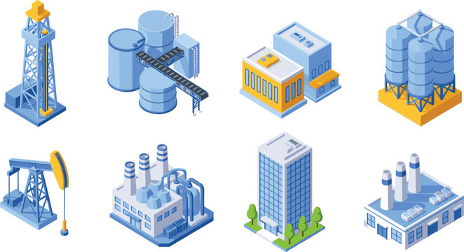 Isometric industrial factory set featuring oil rig pump jack power plant warehouse storage silos office building and manufacturing refinery facilities for heavy industry illustrations.