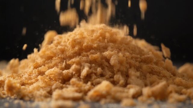 Close-up macro shot of crunchy biscuit crumbs being sprinkled, creating a textural pile against a dark background