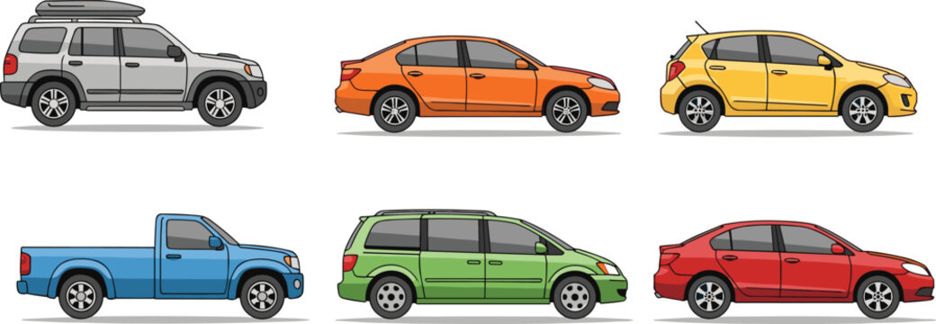Various vehicle types collection including SUV sedan hatchback pickup and minivan vector illustration isolated on white background for transportation and automotive design