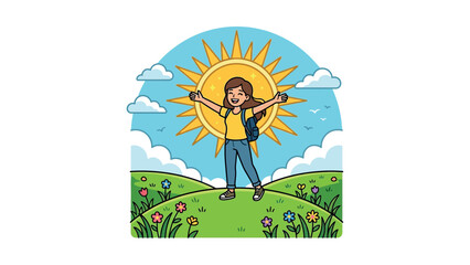 A young girl stands on a green hill with arms outstretched before a sunny sky. © bang