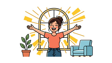 Woman stands in living room with arms outstretched near window and chair happily © bang