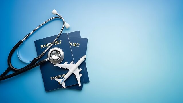 Medical tourism concept with stethoscope and passports, international health insurance and travel medicine, toy airplane on blue background