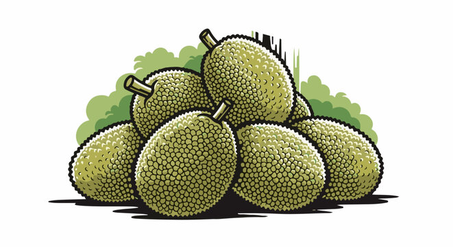 Pile of ripe, spiky green jackfruits with leafy background