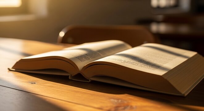 An Open Book Bathed in Warm Sunlight on a Wooden Table.