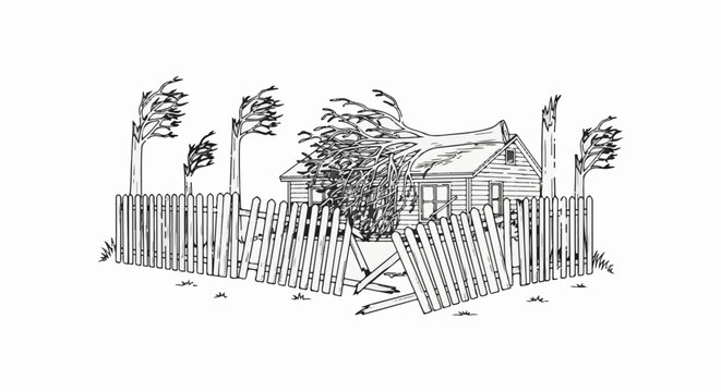 House battered by storm with broken fence and bent trees