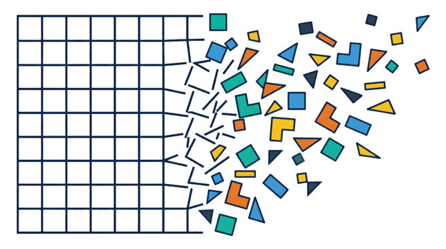 Abstract grid disintegration into colorful geometric shapes illustration representing chaos and creative transformation for modern graphic design concepts