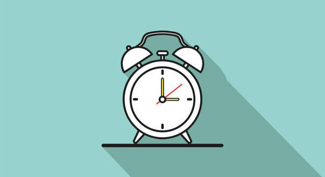 Classic alarm clock icon showing the time with a long shadow on a clean and bright teal green background surface.