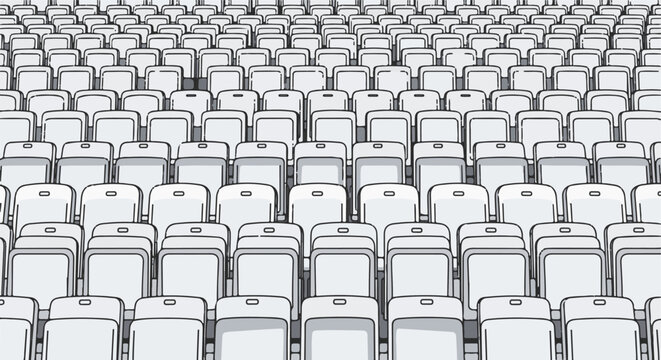 Numerous empty stadium seats form rows under a bright sky