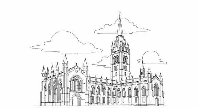 Ornate Gothic cathedral sketch with clouds in sky