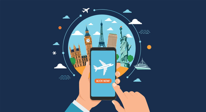 Travel booking application concept with a smartphone screen showing a plane and world famous landmarks behind.