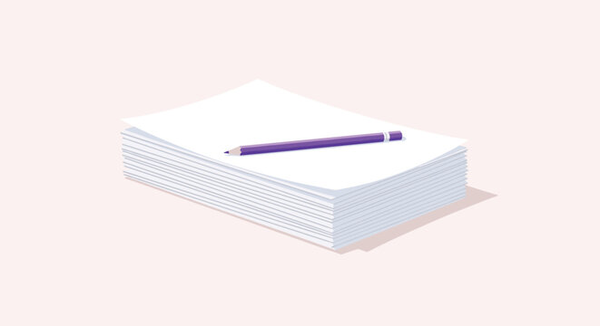Neat stack of white blank paper sheets with a single purple pencil resting on top for creative writing or sketching.