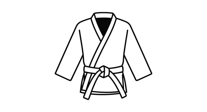 A simple black and white line drawing depicts a traditional martial arts uniform specifically a judo or karate gi