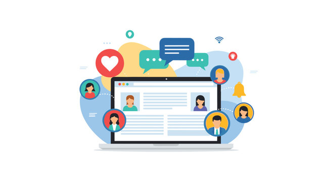 Social media networking concept features a laptop displaying user profiles and surrounded by various colorful reaction and chat icons.